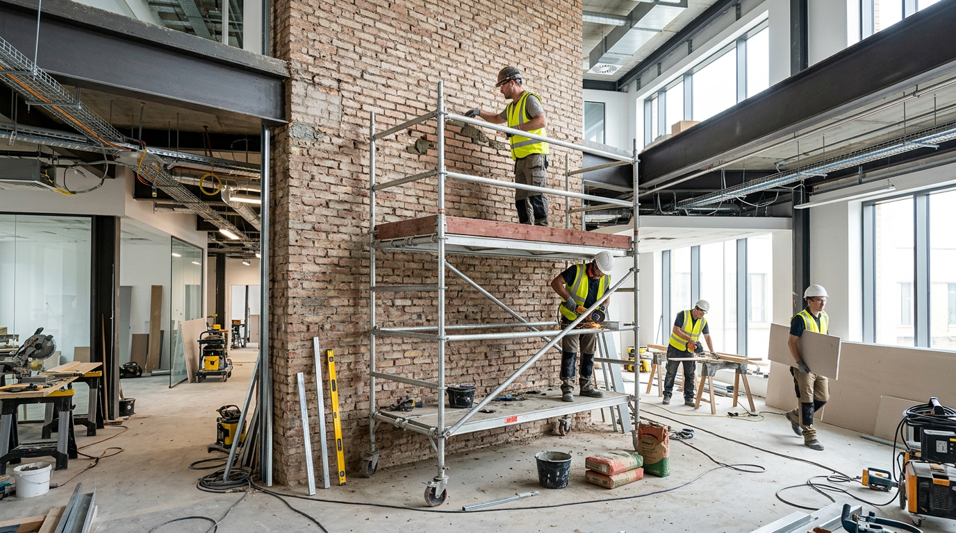 Ouvriers sur chantier de rénovation de bâtiment professionnel