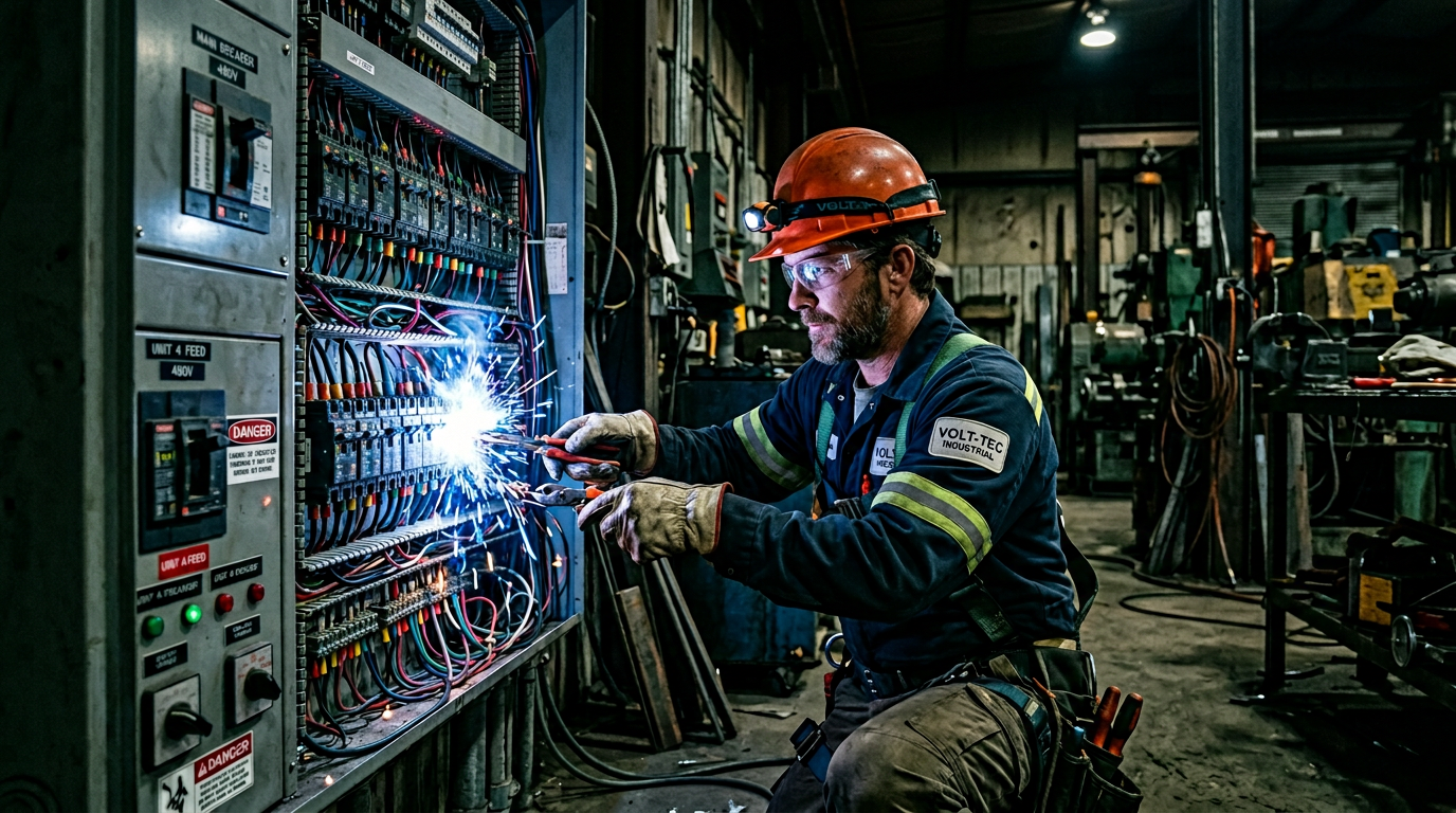 Électricien travaillant sur un tableau électrique industriel