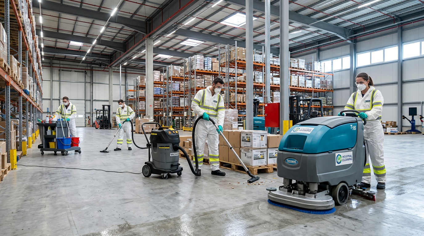 Équipe de nettoyage industriel dans un entrepôt avec matériel professionnel